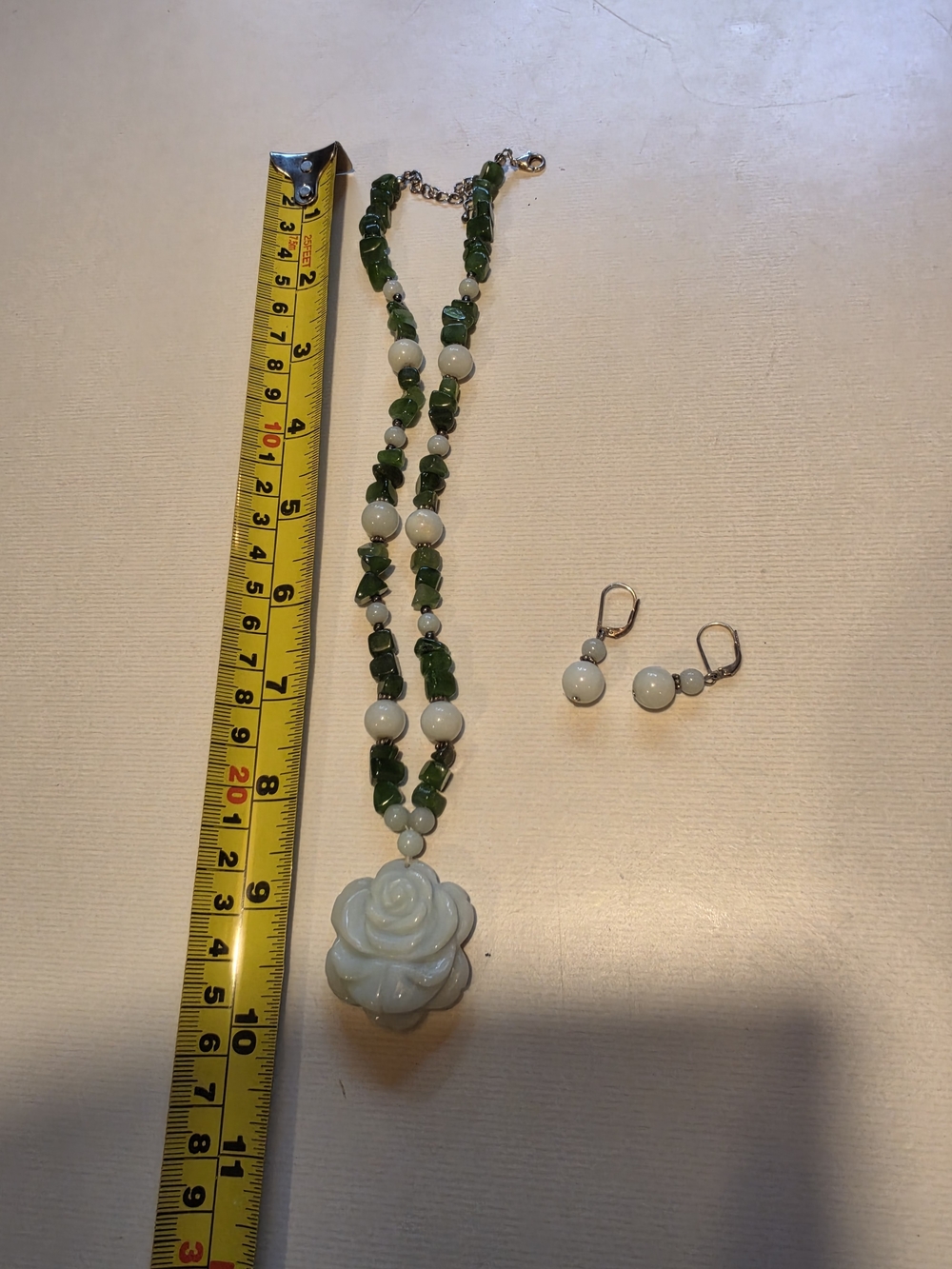 White Rose Pendant Necklace and Earring Set - White and Green